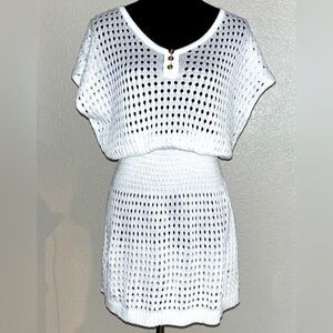 Crochet Beach Cover Up Button Short Sleeve Mini Dress